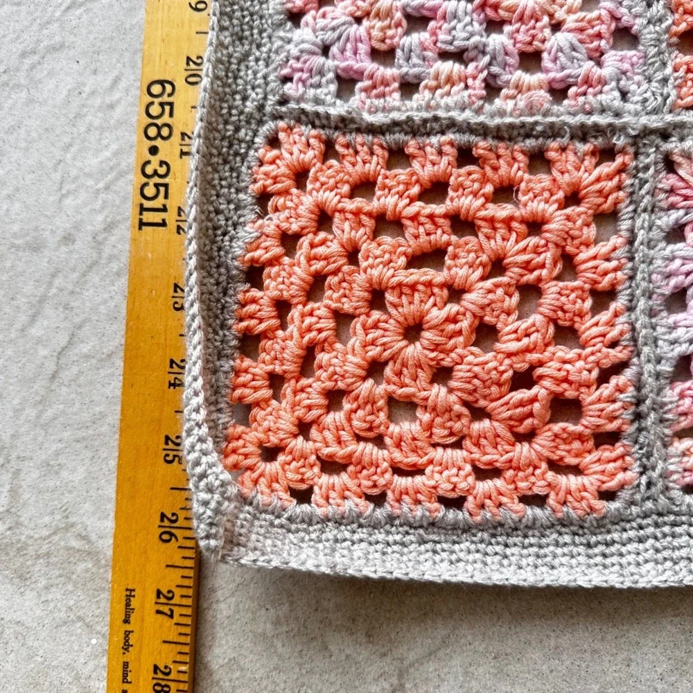 Handmade Crochet Granny Square Baby Blanket Peach Pink Gray 22x26 Stroller Throw